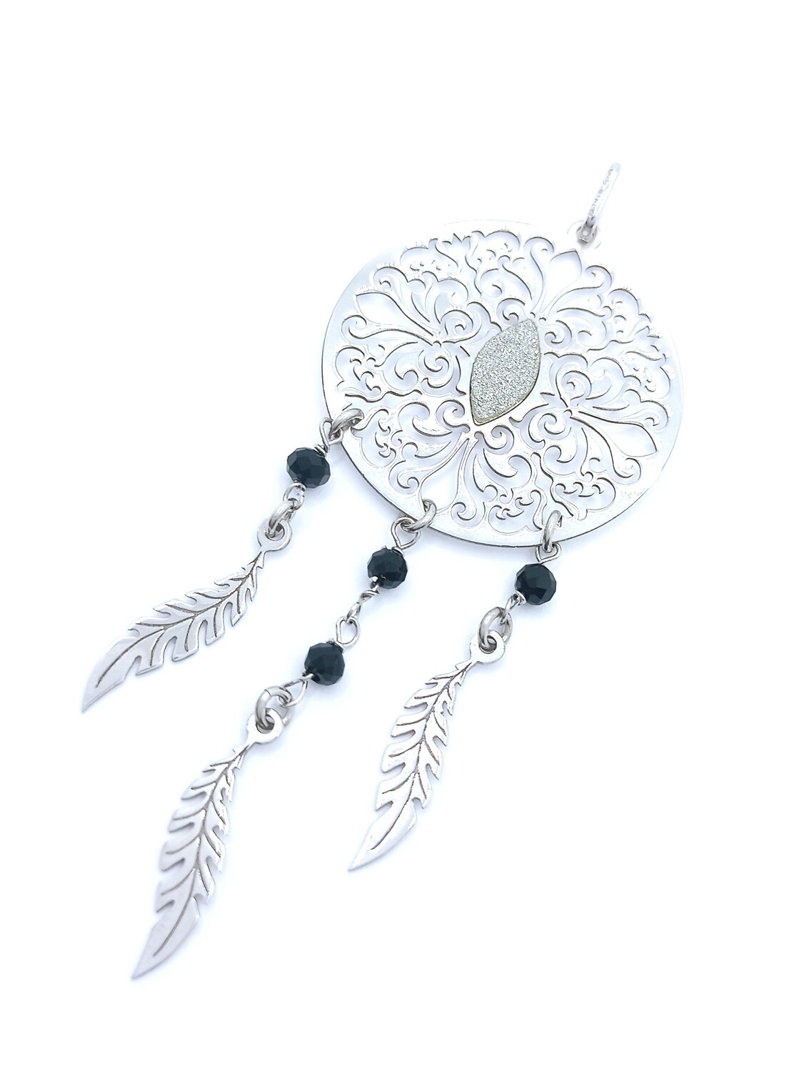 Silver 925 dreamcatcher 3 feather black stone pendant