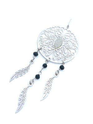 Silver 925 dreamcatcher 3 feather black stone pendant