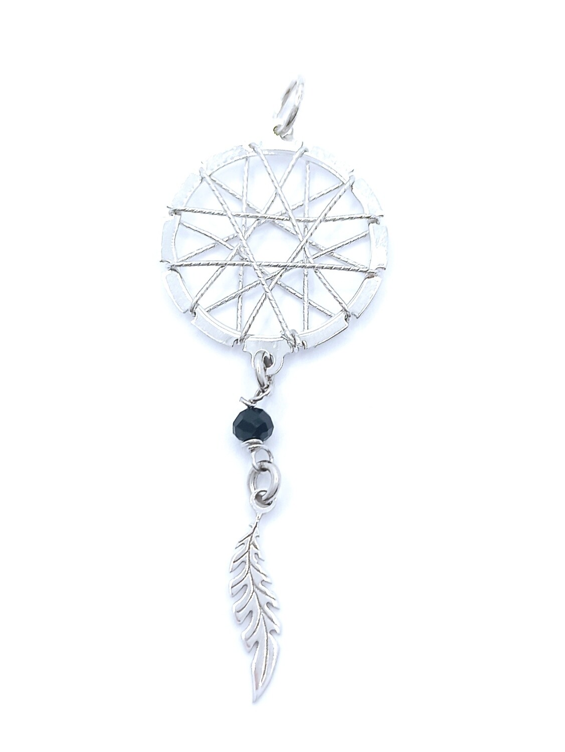 Silver 925 dreamcatcher 1 feather pendant, MODEL-COLOR-STONE COLOR: 1-White-Stone Type 1: CZ Black zirconia
