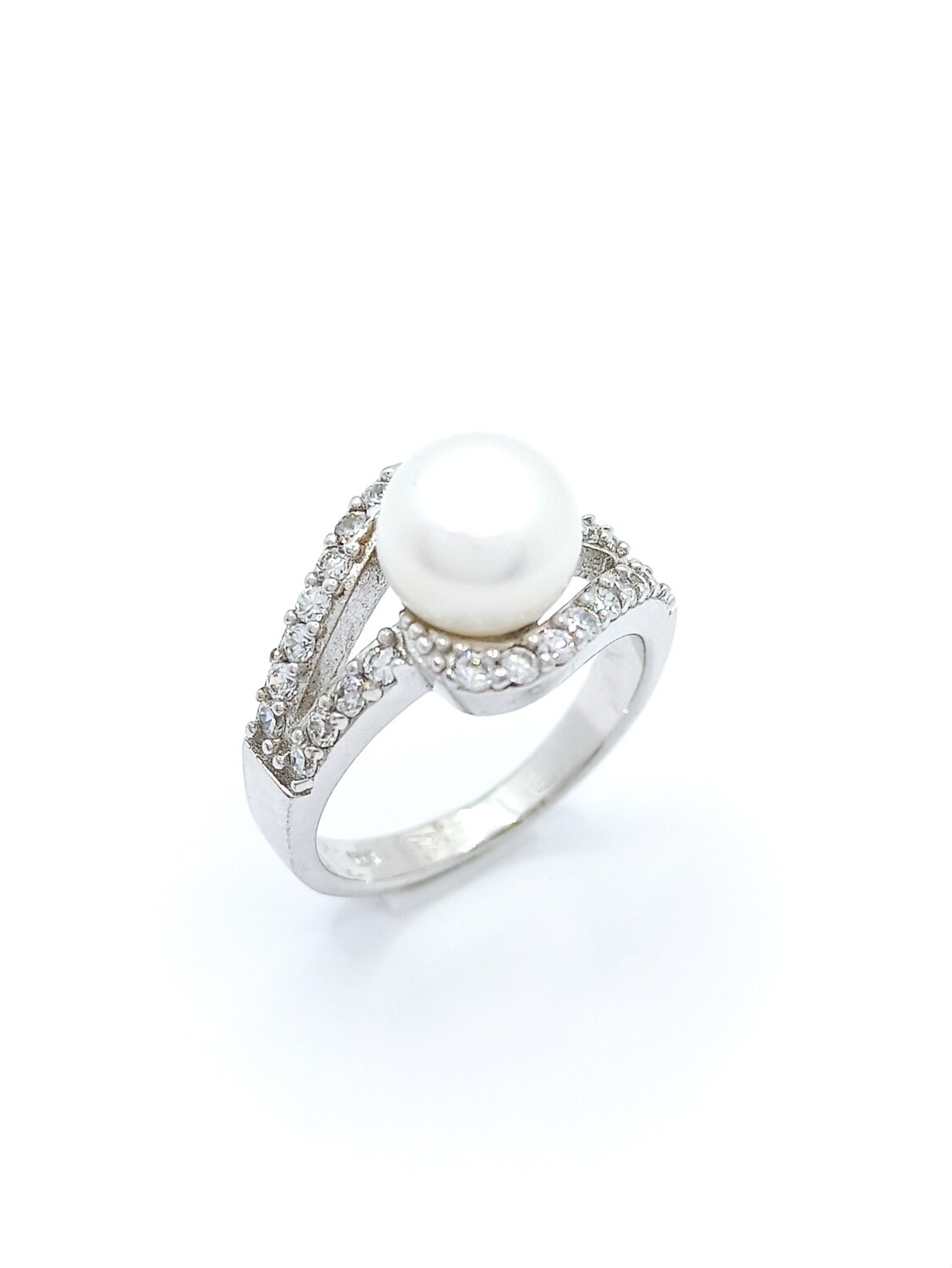 Silver 925 pearl and white stone ring