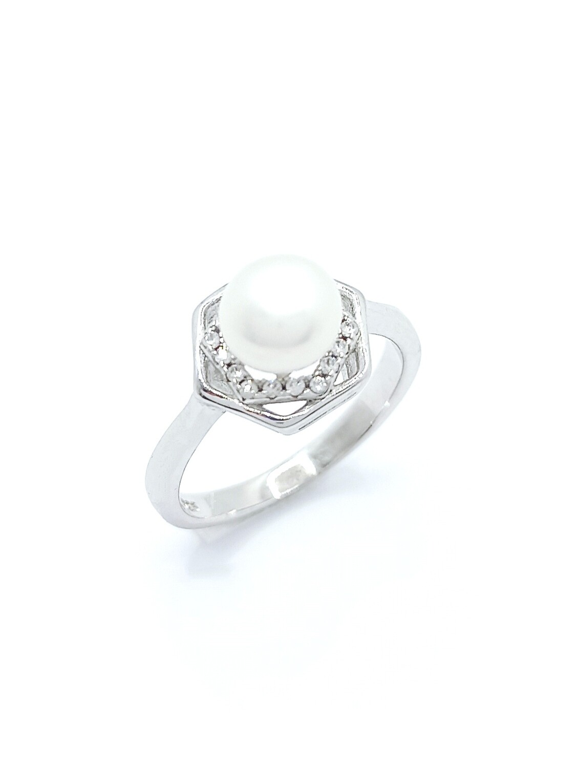 Silver 925 pearl and white stone ring