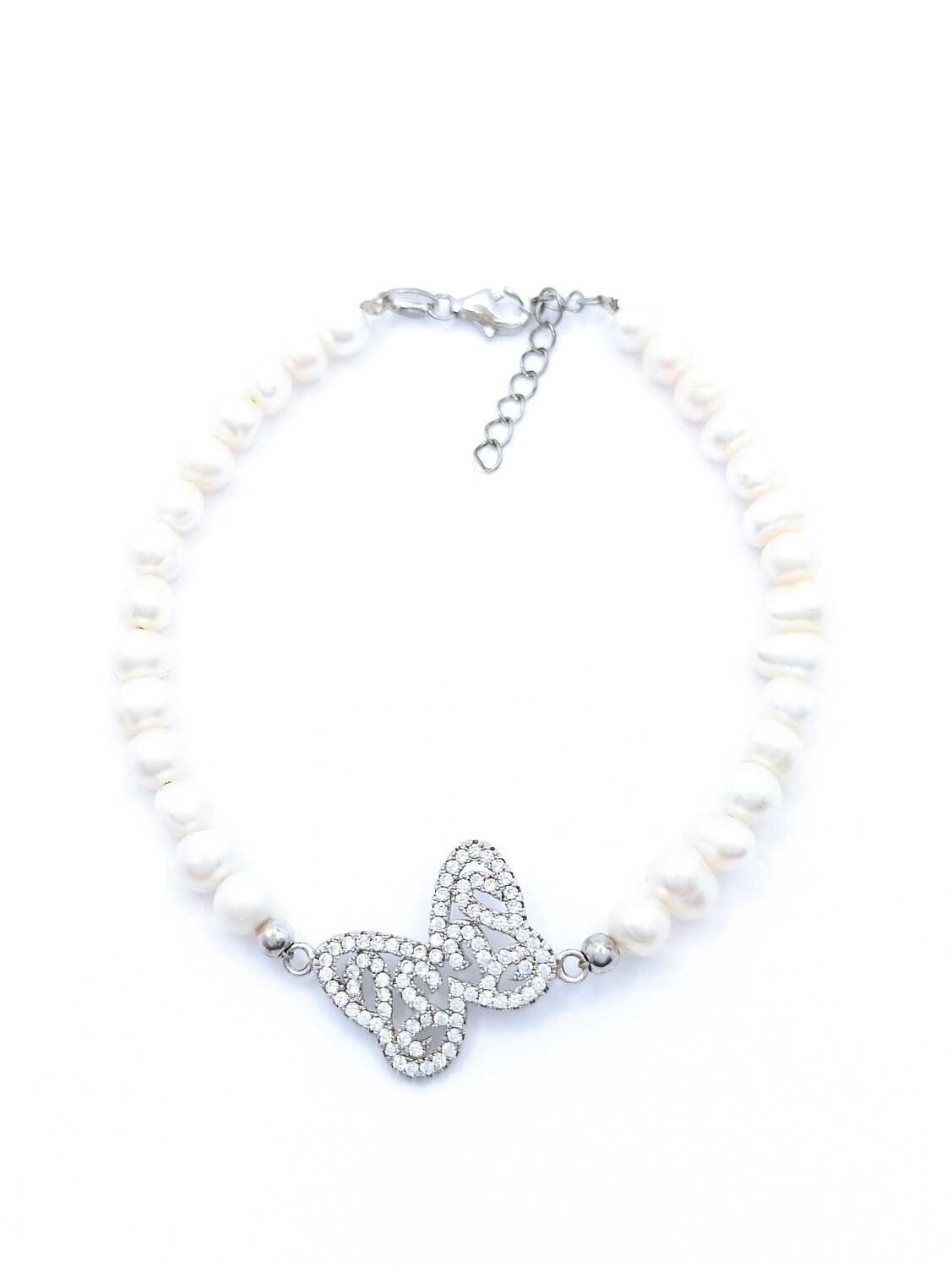 Silver 925 pearl stone hand bracelet with butterfly