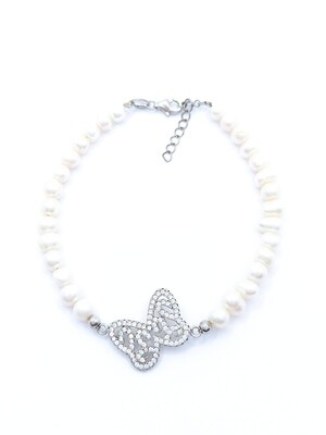 Silver 925 pearl stone hand bracelet with butterfly