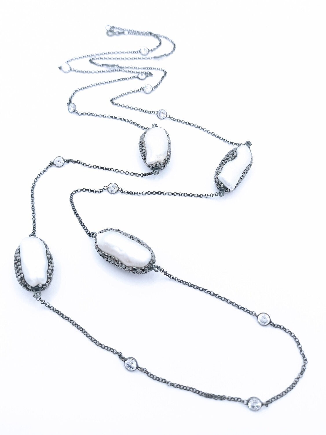 Silver 925 pearl stone long necklace