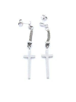 Silver 925 hanging cross double chain earrings
