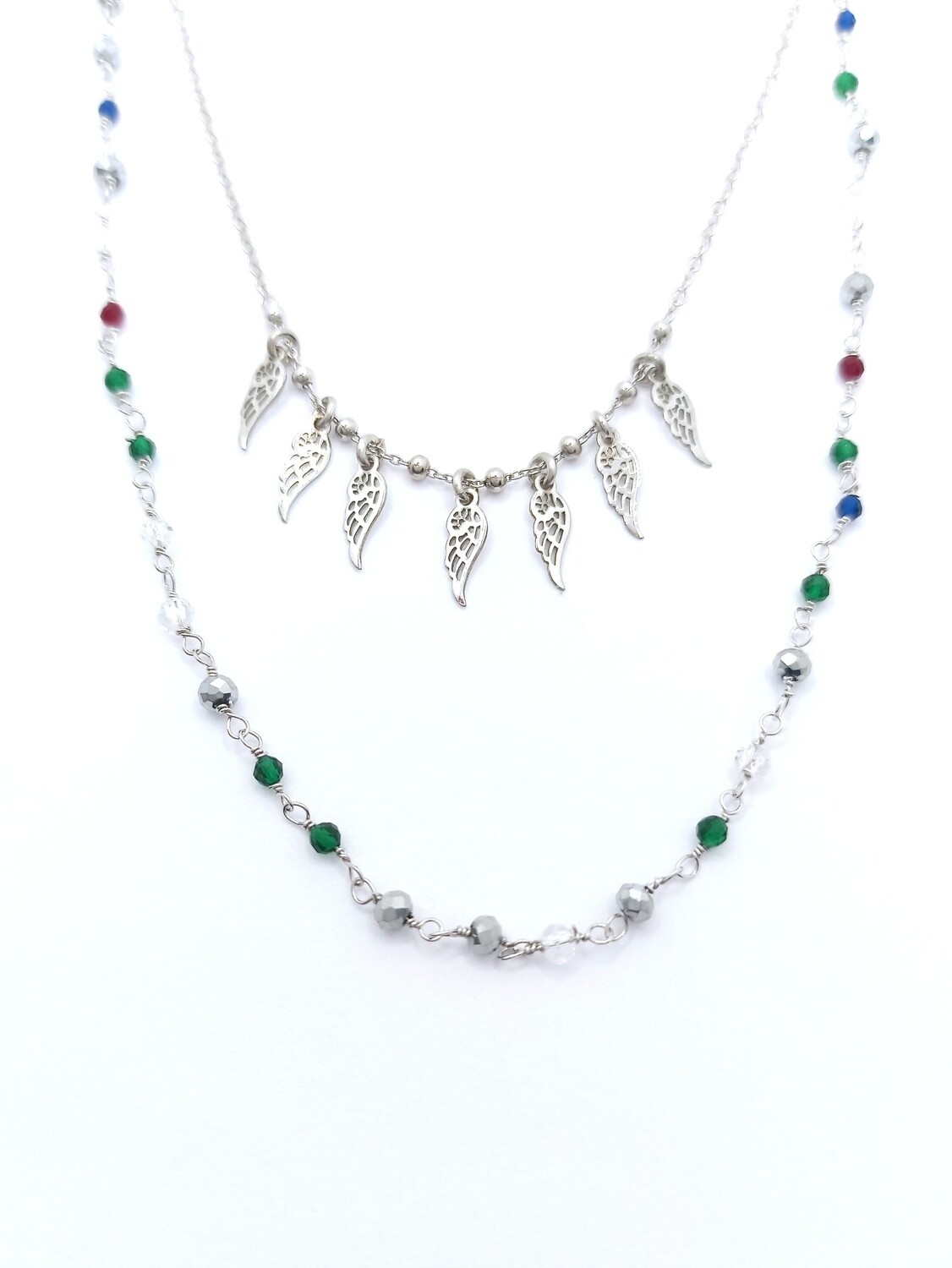 Silver 925 rosary chain double necklace angel wing or circle, DESIGN: Angel wings