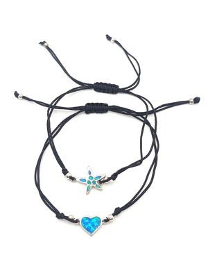 Silver 925 heart or sea star hand cord bracelet