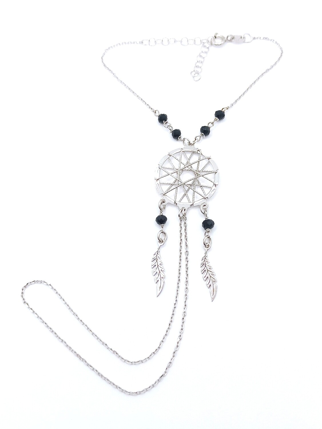 Silver 925 dreamcatcher black stone bracelet ring