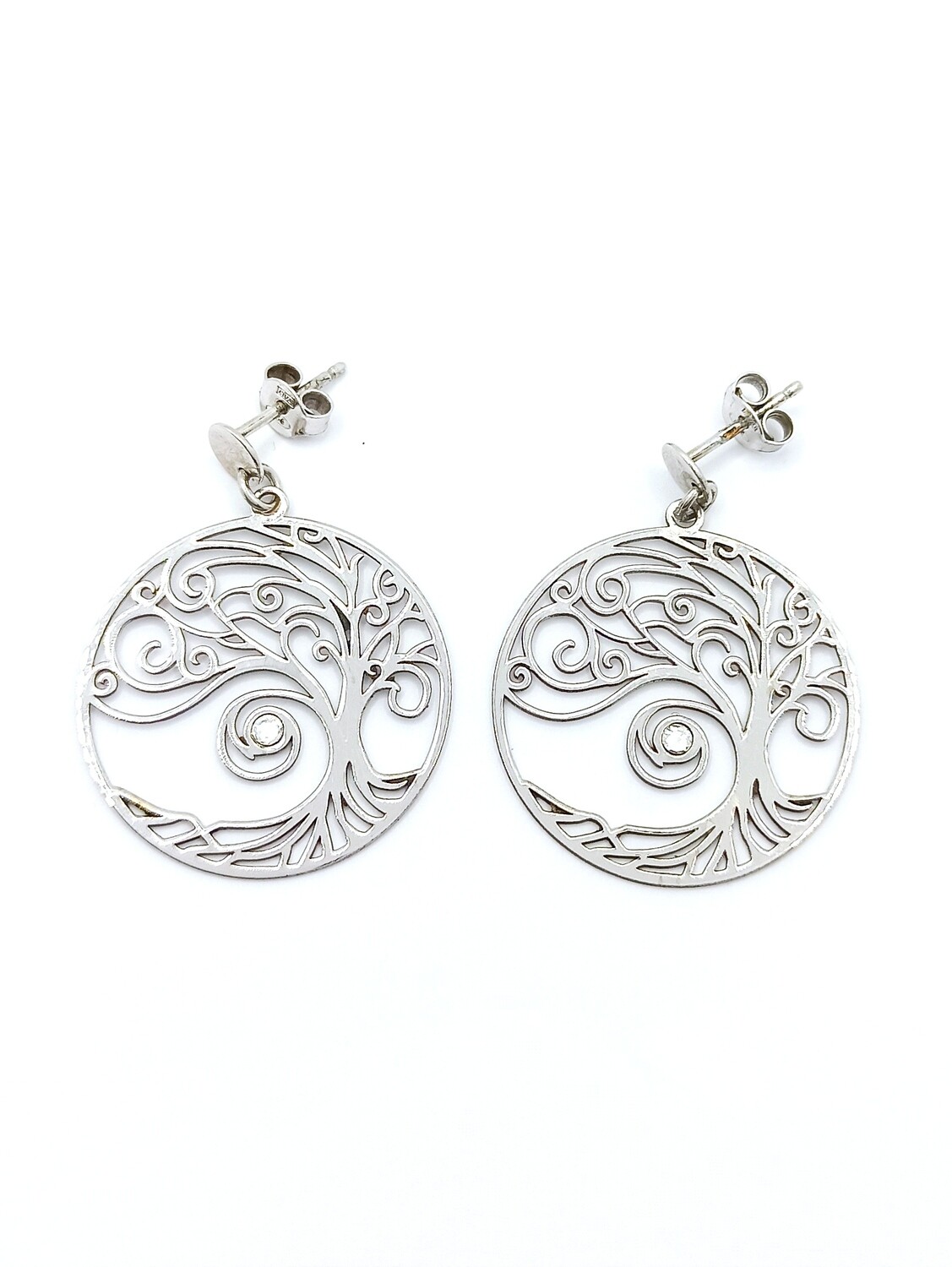 Silver 925 Tree Of Life stud hanging earrings white stone