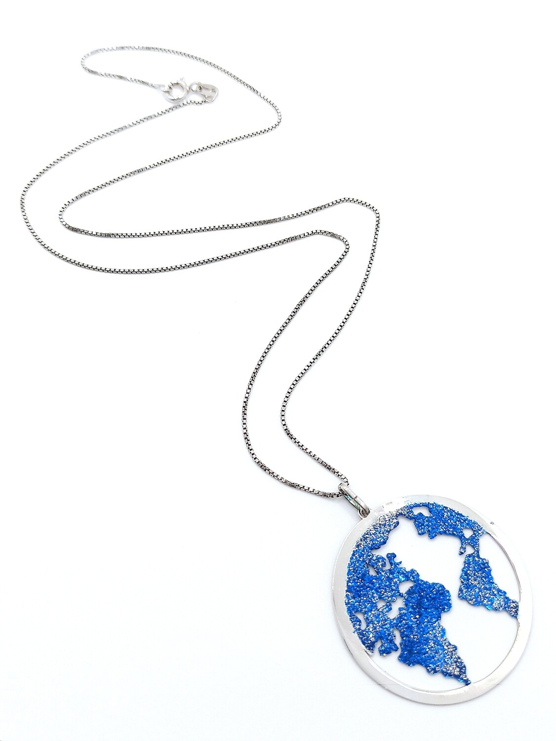 Silver 925 world map blue glitter design necklace