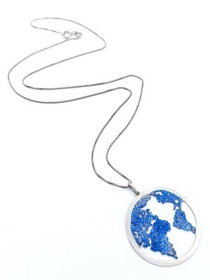 Silver 925 world map blue glitter design necklace