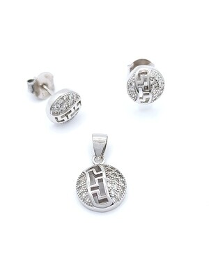 Silver 925 SET round maiandros design pendant and earrings