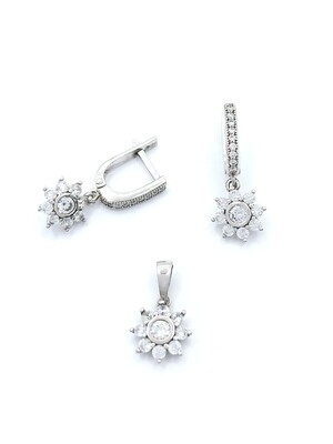 Silver 925 SET flower pendant and hoop earrings