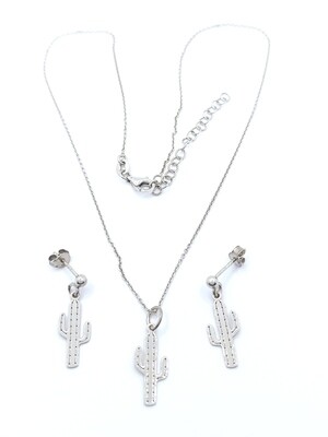 Silver 925 SET cactus tree design necklace and earrings