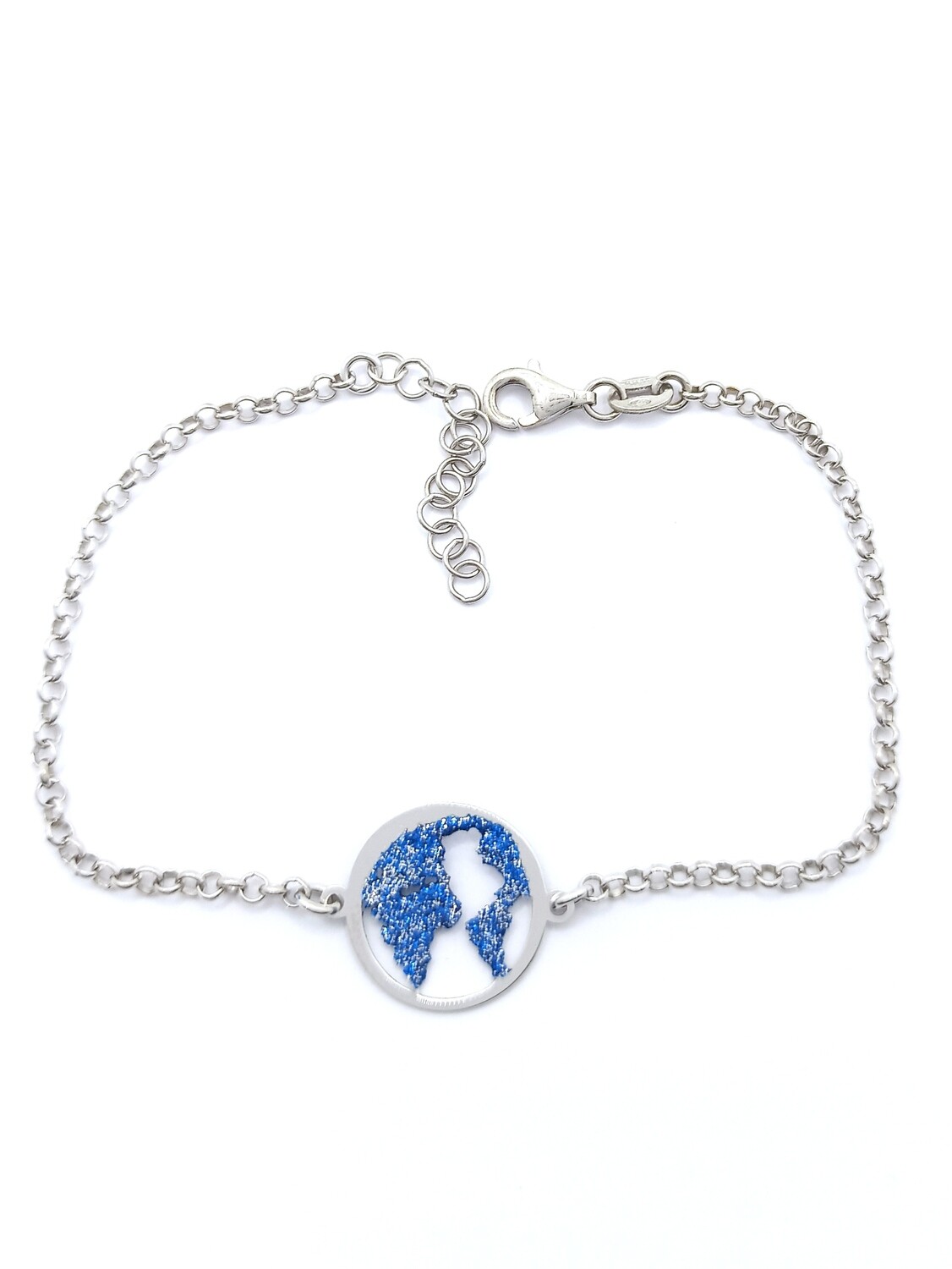 Silver 925 world map blue glitter hand bracelet