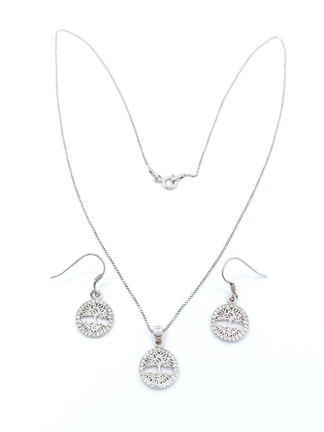 Silver 925 SET tree of life necklace and earrings, MODEL-TYPE OF EARRING-STONE: 1-Set with hanging earring-CZ white zirconia