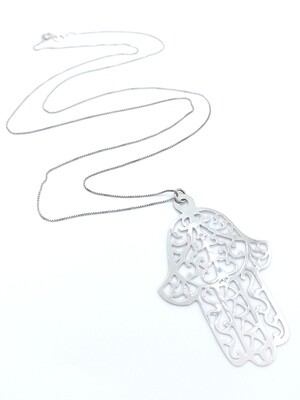 Silver 925 Hamsa (hand of fatima) long necklace