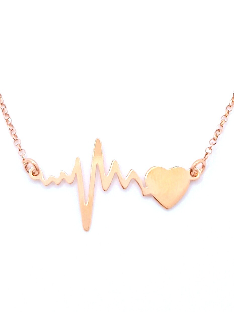 Silver 925 heart beat  necklace, COLOR-CHAIN LENGTH: 1 Rose gold plated-Chain Length: 41+3cm Adjustable