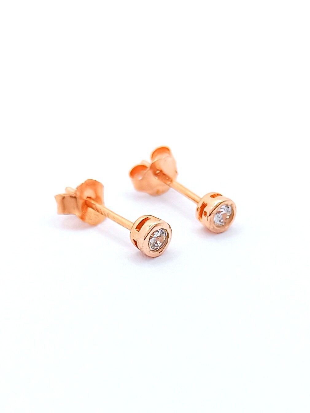Silver 925 single round stone earrings, SIZE-COLOR: 1 Diameter: 3.35mm-Rose gold plated