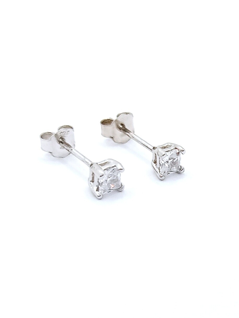 Silver 925 single square white zirconia earrings, SIZE: 1 Earring Diameter: 4mm