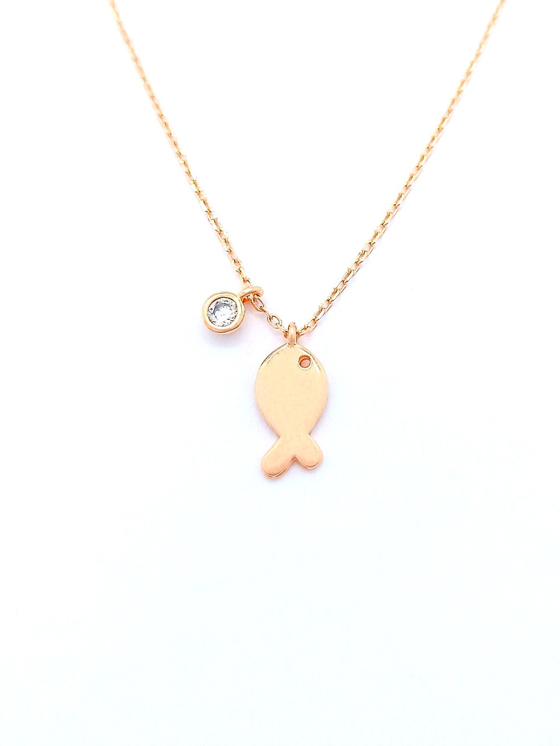 Silver 925 single white stone fish necklace, COLOR: 1 Rose gold plated