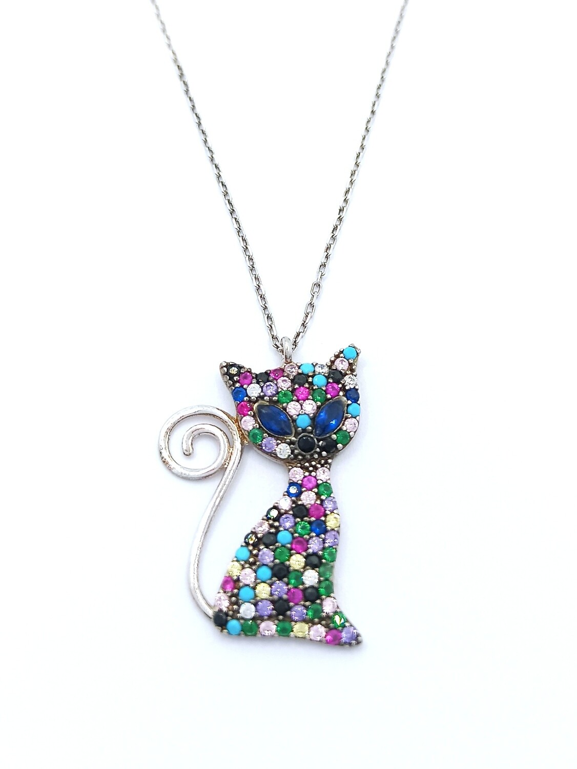 Silver 925 multi color stone cat necklace, MODEL-SIZE: 1 Design height: 2.7cm-width: 1.9cm