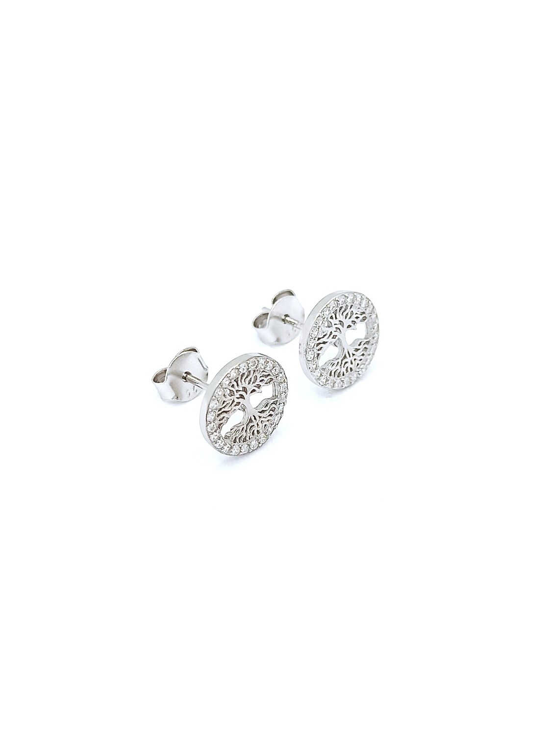 Silver 925 Tree Of Life design stud earrings, MODEL-COLOR-STONE COLOR-SIZE: 1-White gold-White-1cm