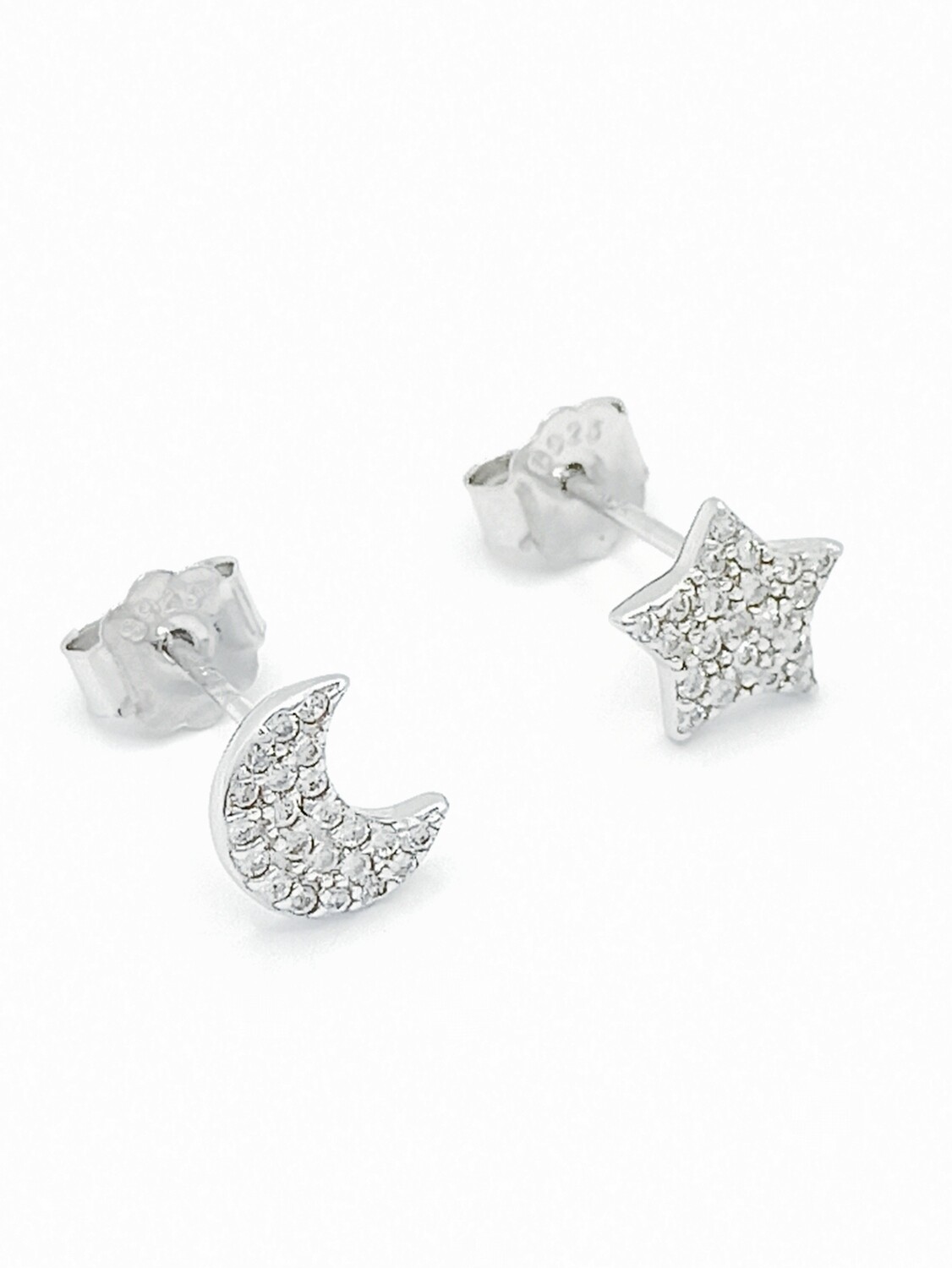 Silver 925 double design white stone stud earrings, MODEL-SIZE: 1 Moon Star-Height: 0.7cm-Width: 0.7cm