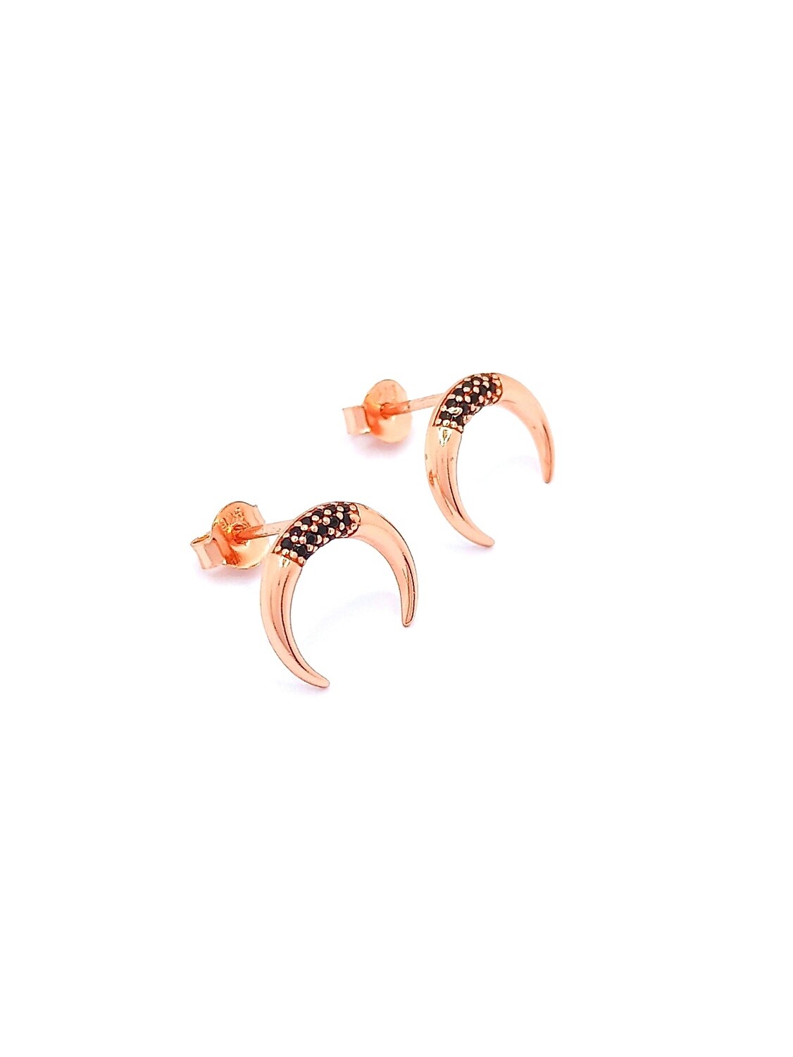 Silver 925 moon rose or  gold stud earrings, COLOR-STONE: 1 Rose gold plated-Black zirconia