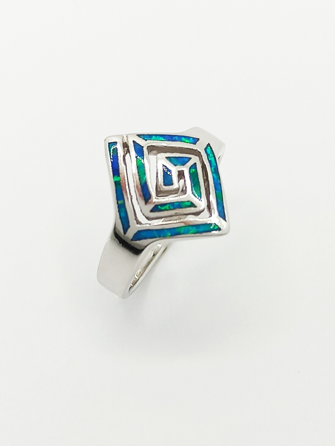 Silver 925 Opal blue square Greek ring, MODEL-DESIGN WIDTH-SIZE: 1-Width : 1.5cm-SIZE 54 EUR N UK 7 USA