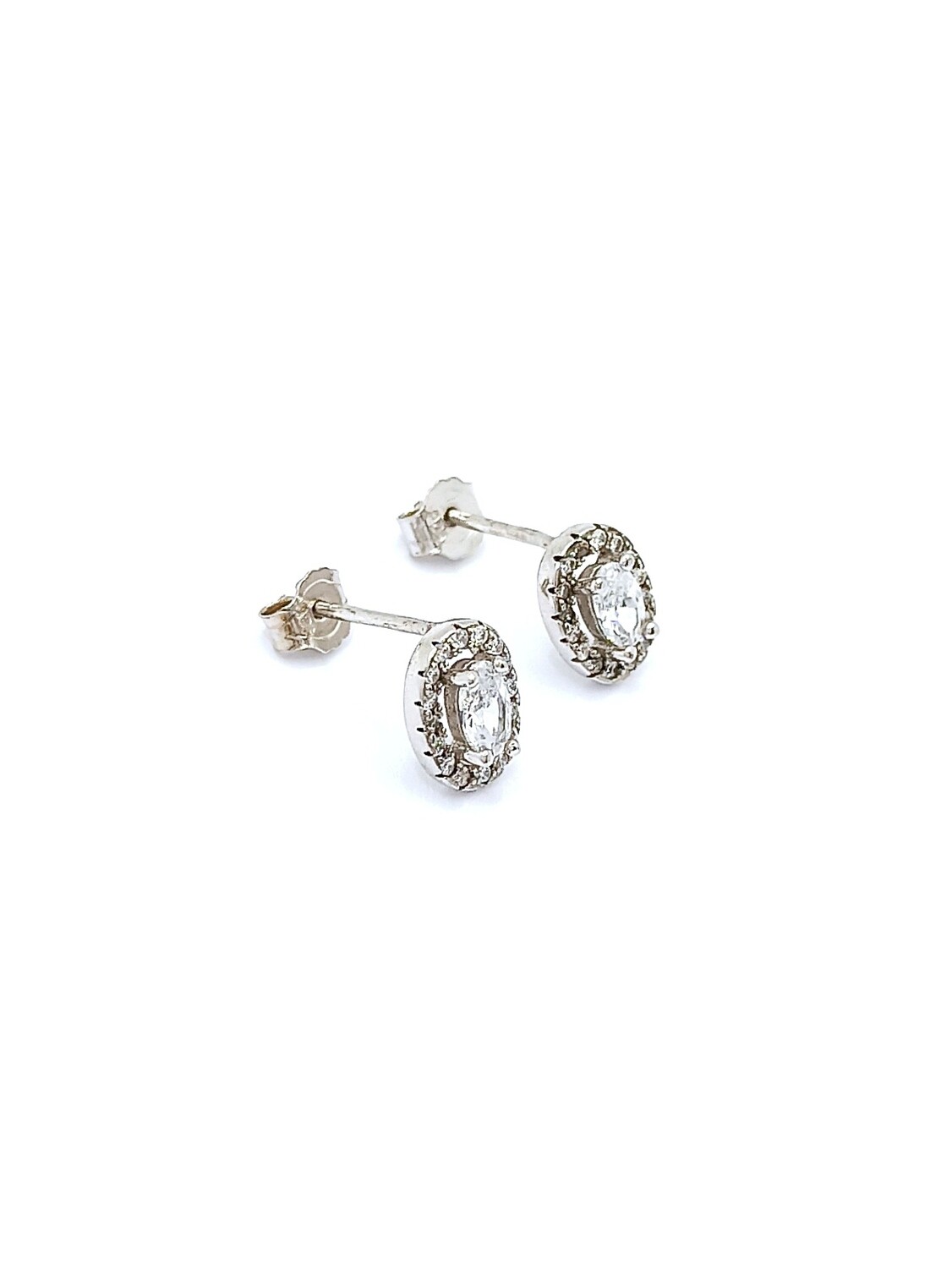 Silver 925 white stone oval rosette stud earring, MODEL-STONE COLOR-SIZE: 1-White-Earring Height: 0.9cm-width: 0.6cm