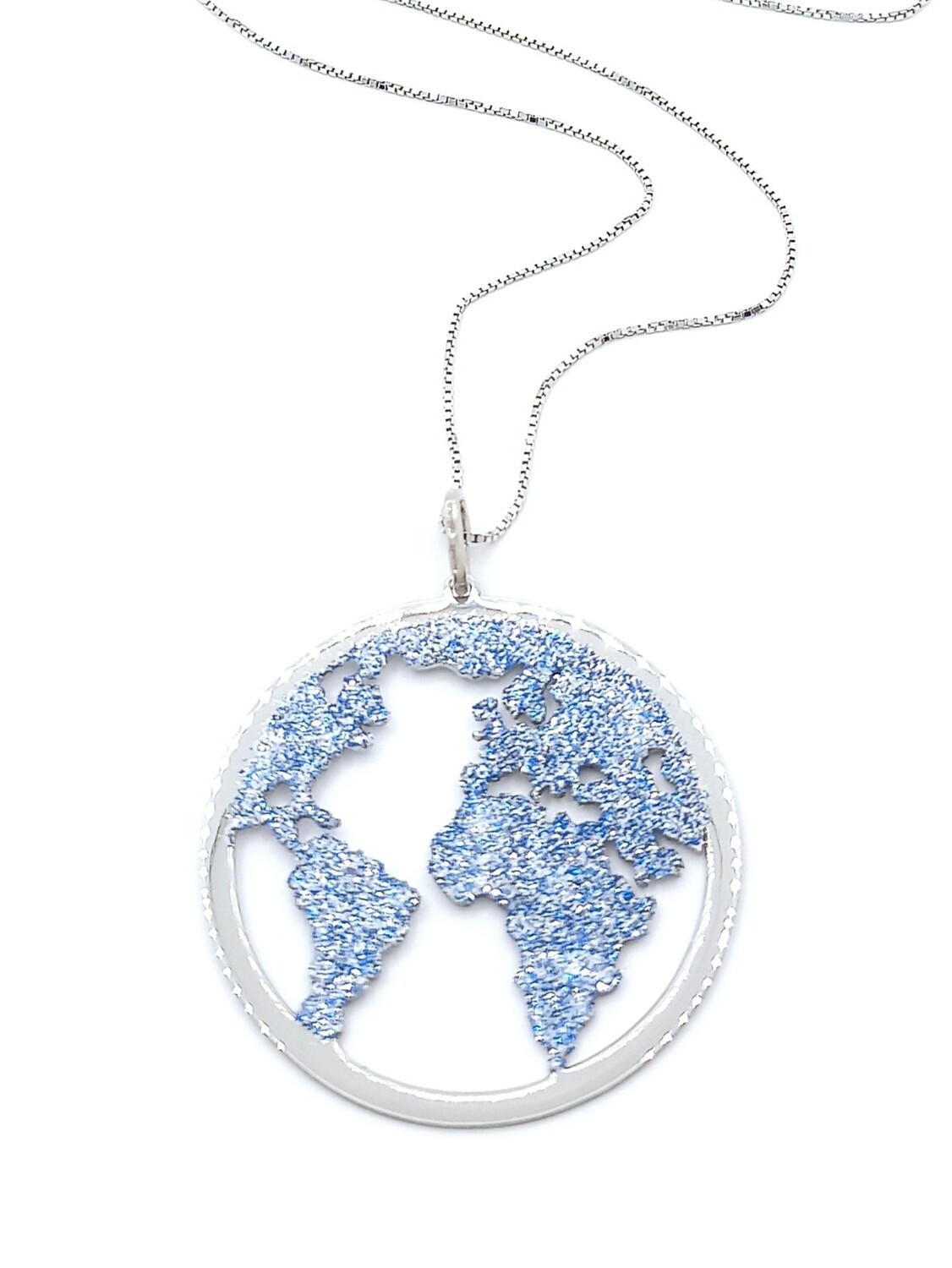Silver 925 world map blue glitter design necklace, MODEL-PENDANT SIZE-CHAIN LENGTH: 1-Diameter : 5cm-Chain Length: 50cm