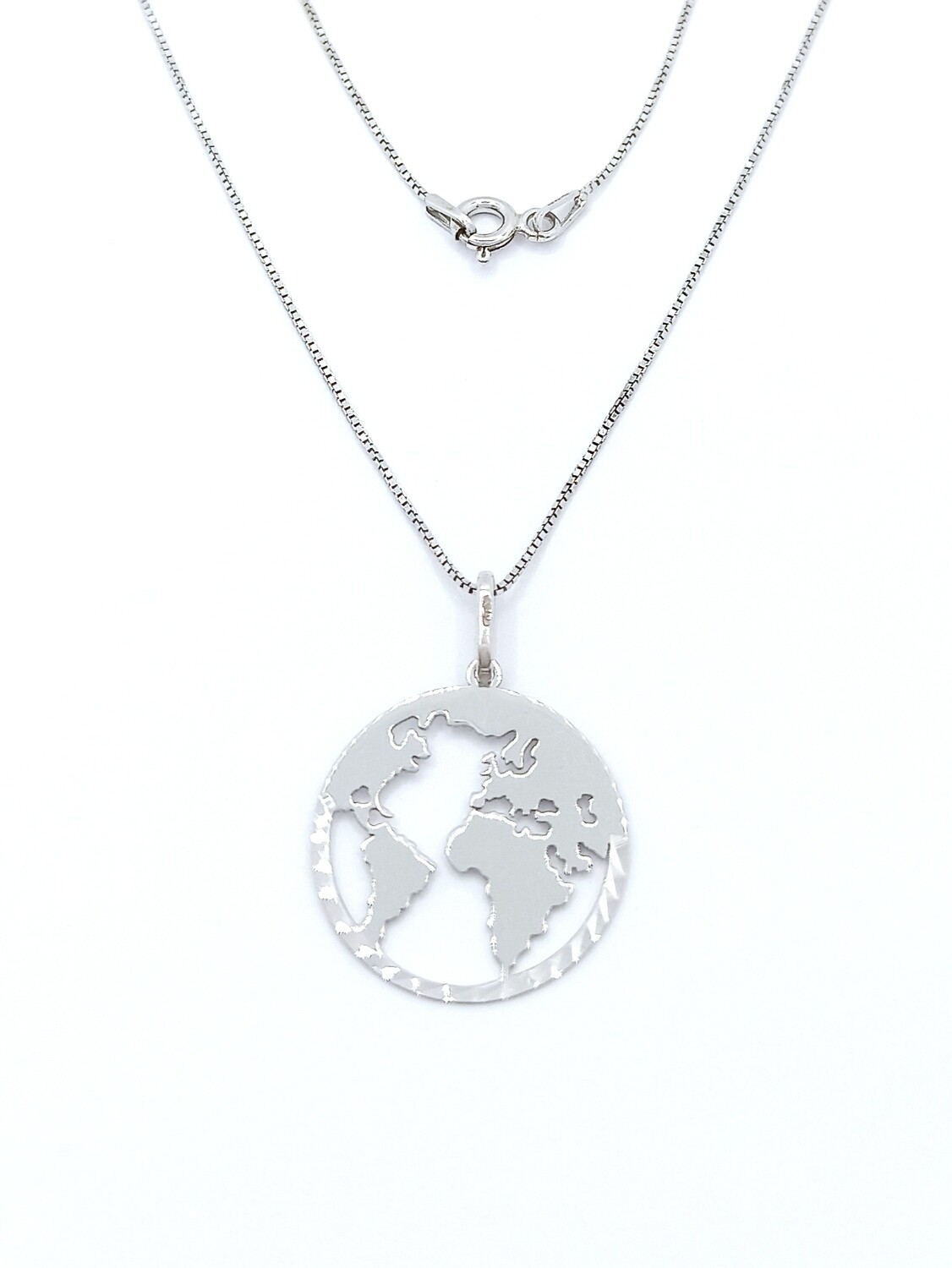 Silver 925 world map diamond cut necklace, MODEL SIZE: 1 Pendant Size: 2cm diamond cut design