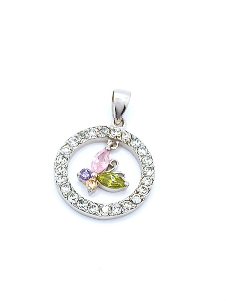 Silver 925 butterfly stone pendant, MODEL-SIZE-STONE: 1-Pendant Length : 2.6cm-Width : 1.8cm-Multi color zirconia