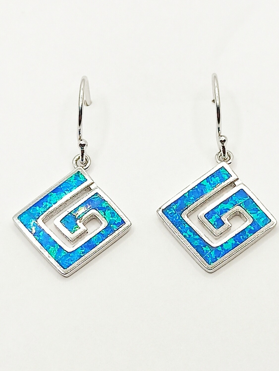 Silver 925 Opal blue square Meandros hook earrings, MODEL-SIZE: 1-Earring length : 3cm (with hook 1cm)-Width :1.6cm