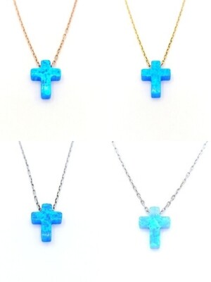 Silver 925 solid blue opal stone cross necklace
