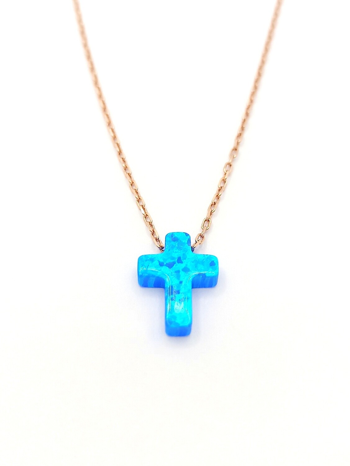 Silver 925 solid blue opal stone cross necklace, CHAIN COLOR-STONE COLOR: 1 Rose gold plated-Blue fire Opal