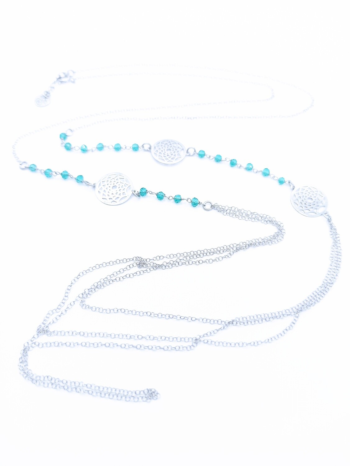 Silver 925 long dreamcatcher diamond cut necklace, MODEL-STONE COLOR-CHAIN LENGTH: 1-CZ Green zirconia-Chain length : 100+ 1.5cm extension Adjustable