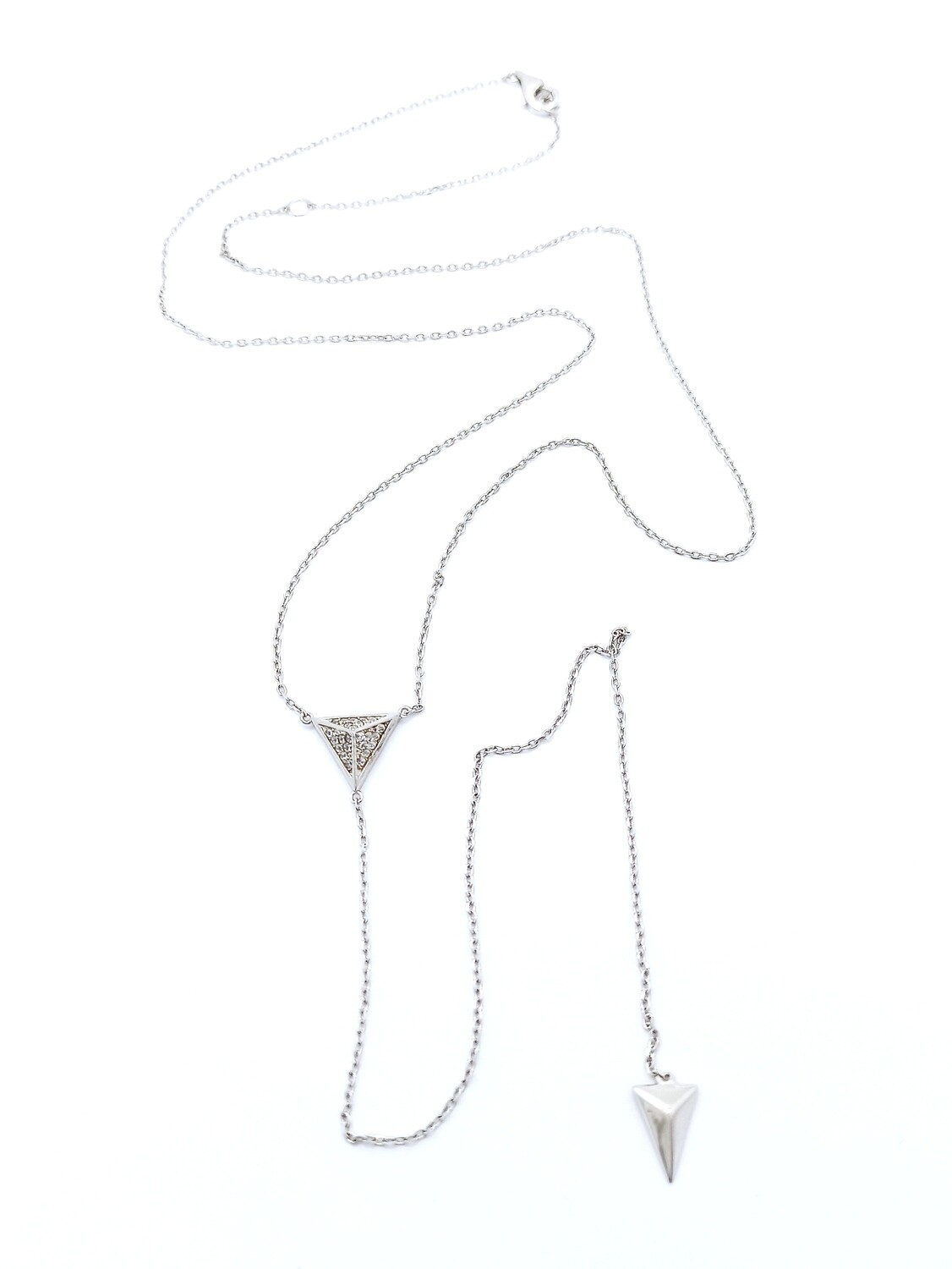 Silver 925 triangle stone tie necklace, MODEL-COLOR-STONE: 1-White gold plated-CZ White zirconia