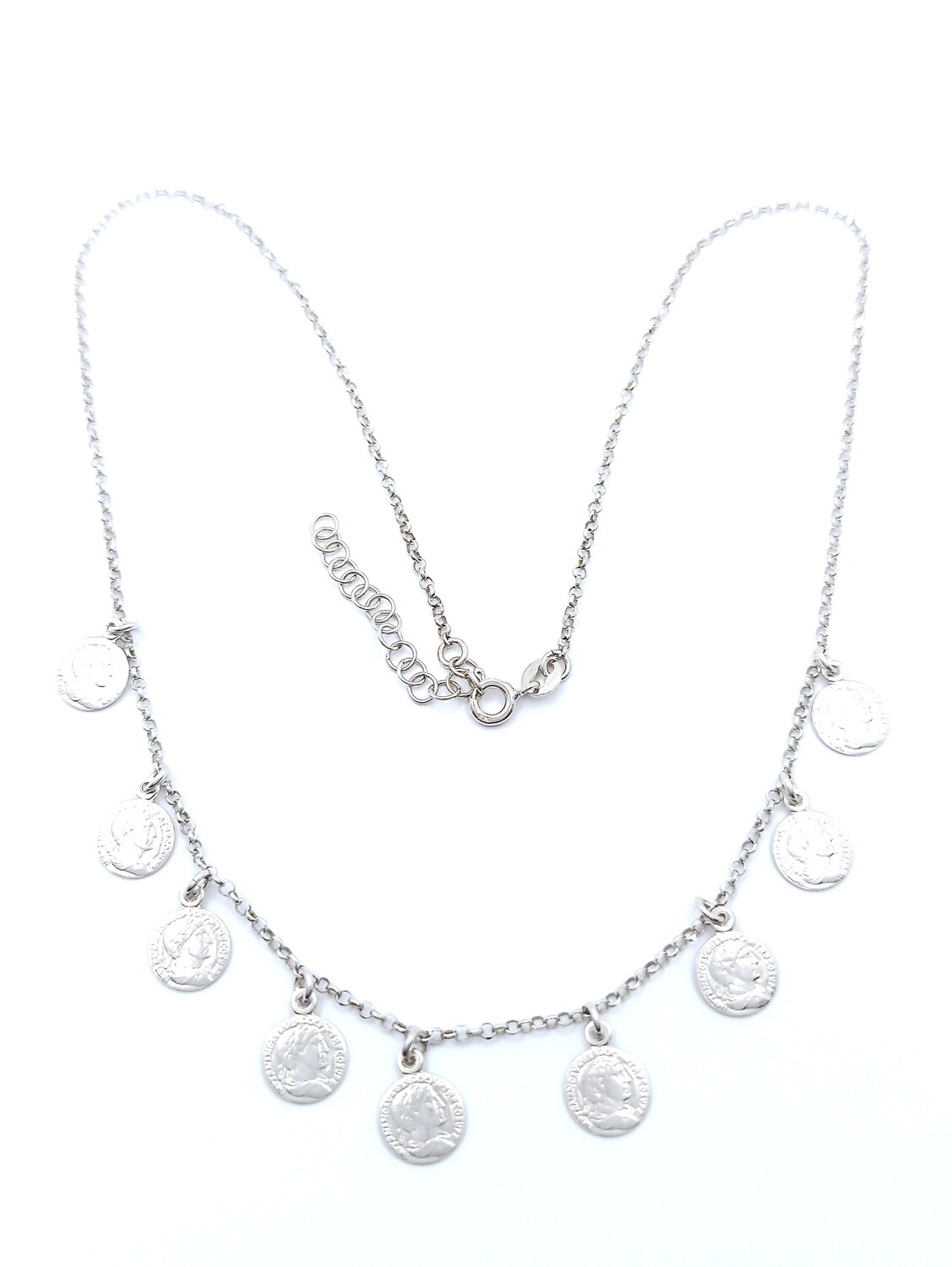 Silver 925 pennie coin necklace, MODEL-COLOR-CHAIN SIZE: 1-White gold plated-Chain Length: 41+4cm Adjustable