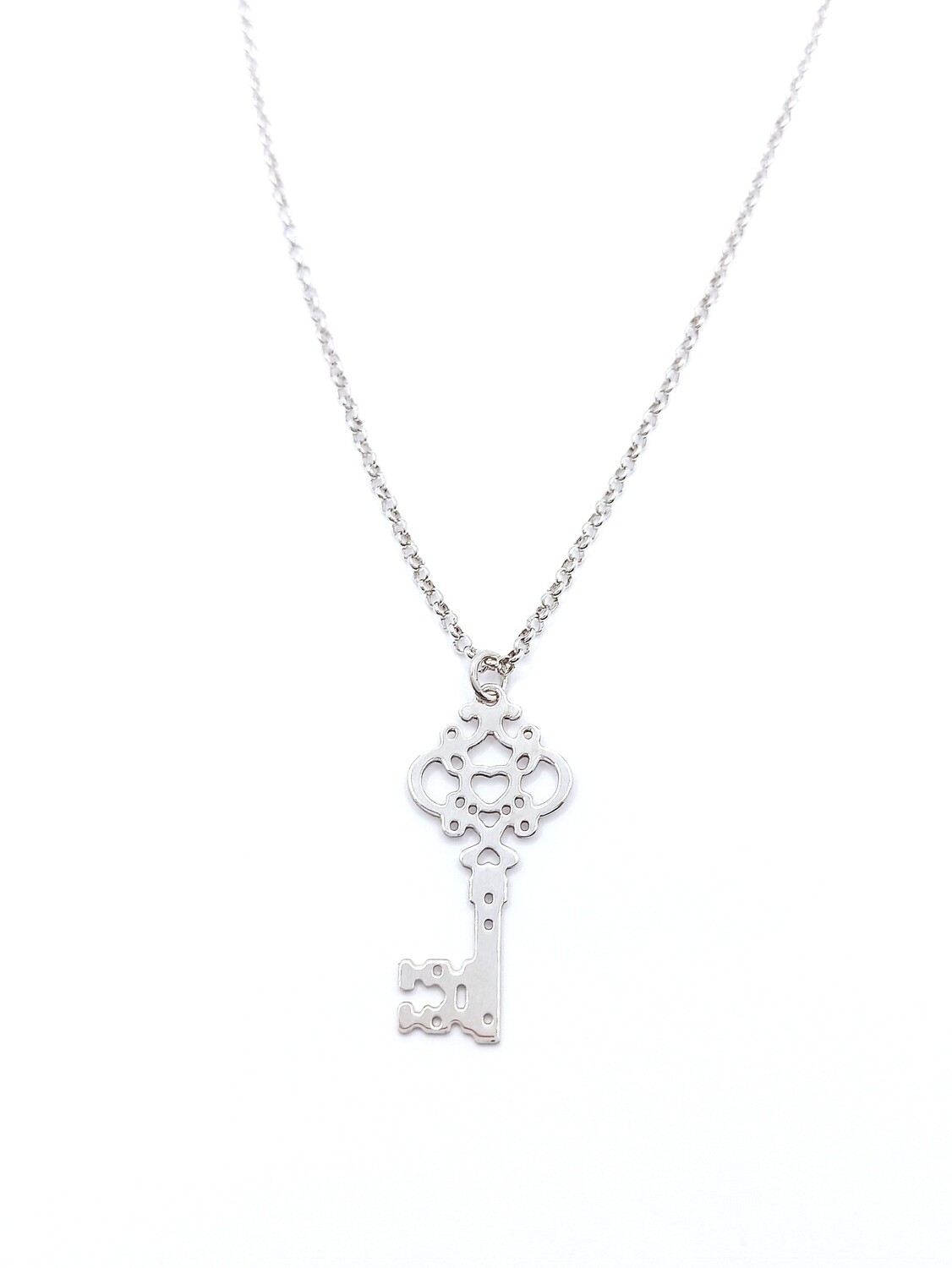 Silver 925 solid key necklace, MODEL-COLOR-CHAIN LENGTH: 1-White gold plated-Chain length:42+3cm Adjustable