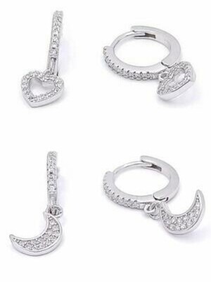 Silver 925  heart or moon hanging hoop earrings