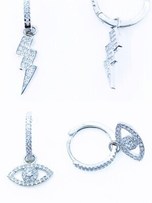 Silver 925  lightning strike or evil eye hanging hoop earrings