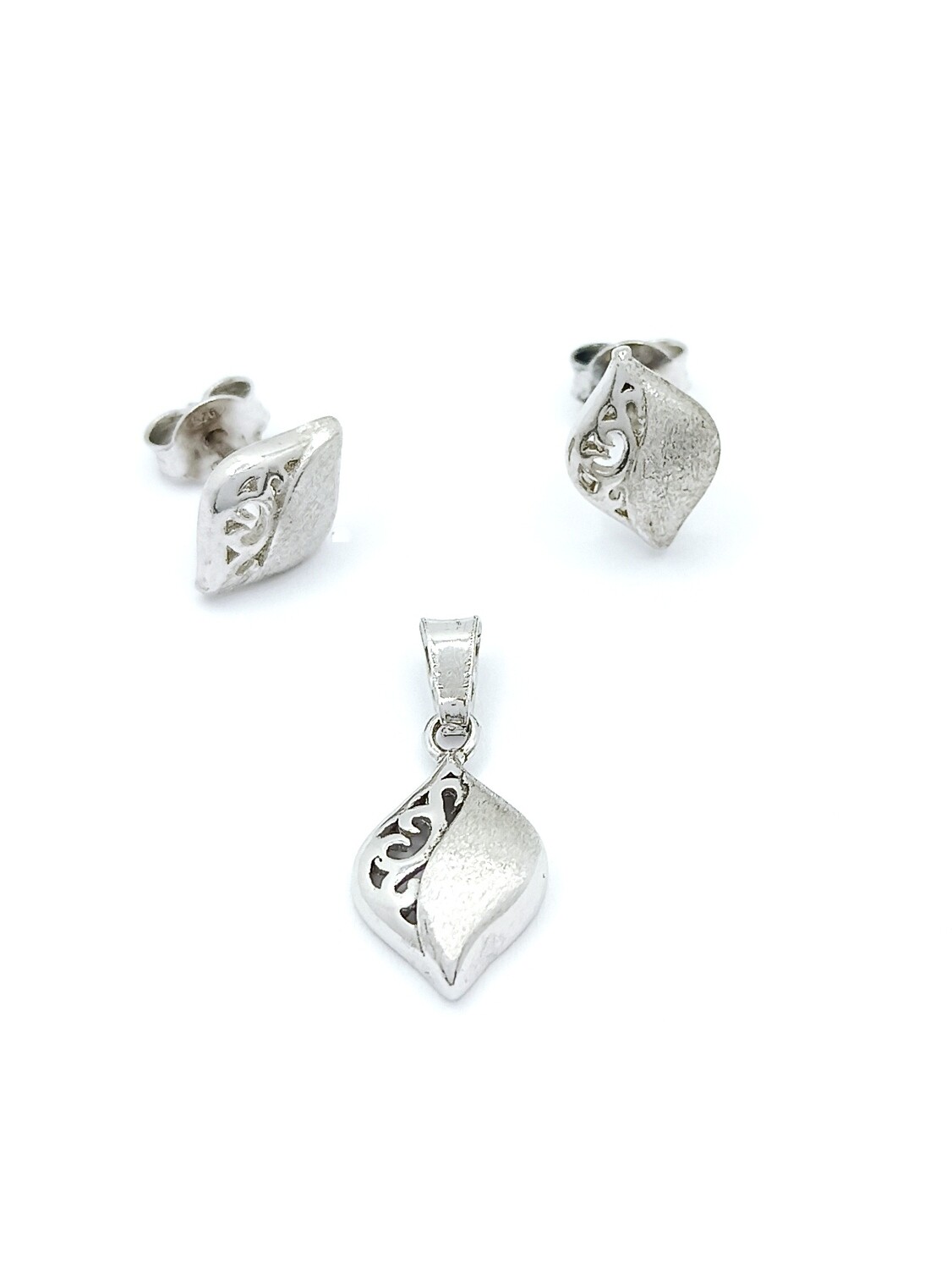 Silver 925 SET sandblasted pendant and earrings, MODEL-SIZE: 1-Pendant size: 1.8 x 0.8cm-Earring size :1 x 0.7cm