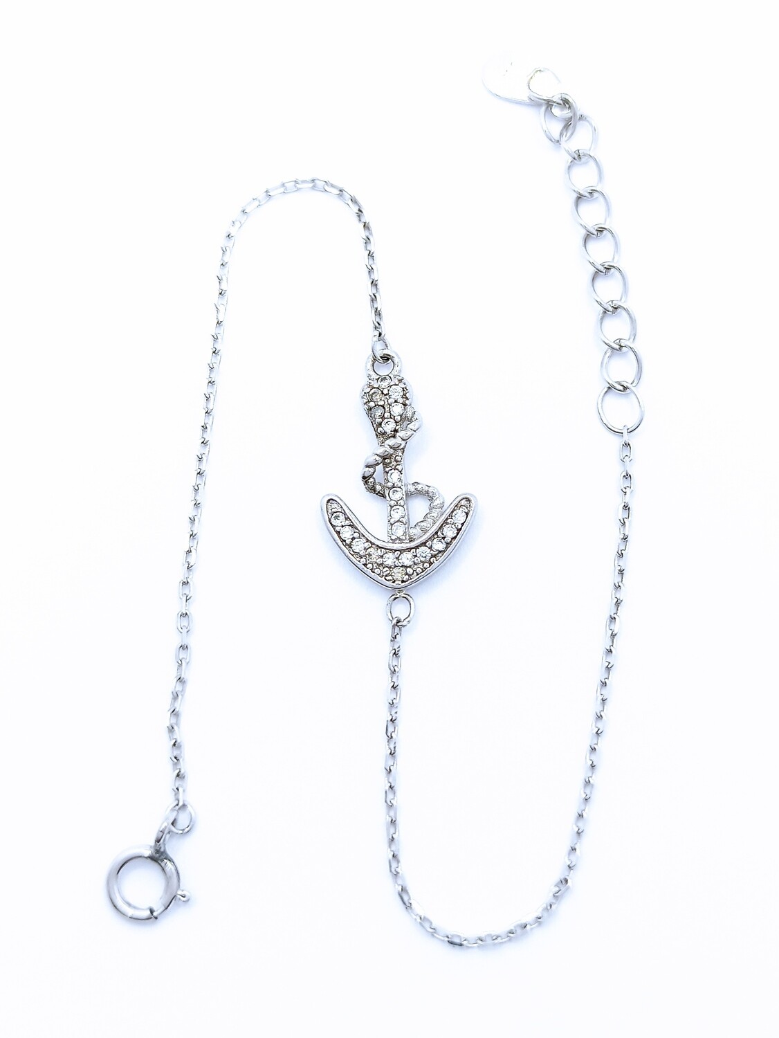 Silver 925 anker design hand bracelet with stone, MODEL-COLOR-SIZE-CHAIN LENGTH: 1-White-Design Height: 1.5cm-Width: 1cm-Chain Length: 15.5+2.5cm Adjustable