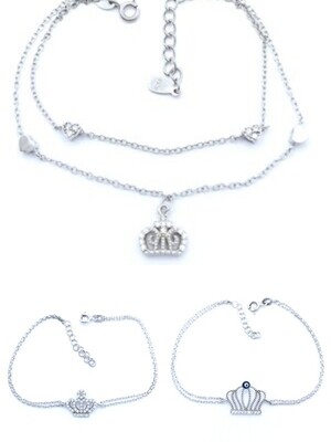 Silver 925 crown hearts and evil eye double hand bracelet