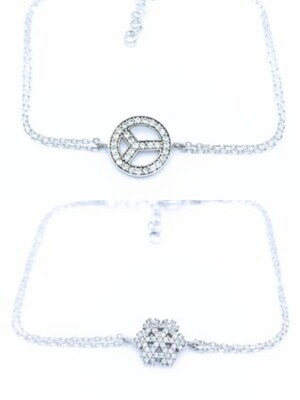 Silver 925 peace or snowflake 2 chain hand bracelet