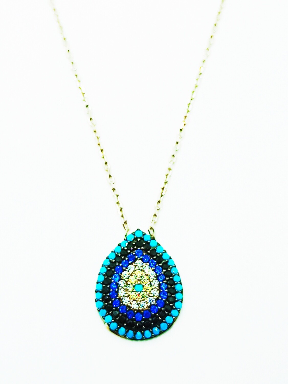 Silver 925 evil eye tear shape necklace, MODEL-COLOR-SIZE-CHAIN LENGTH: 1-White-Design Height: 1.6cm-Width: 1.2cm-Chain Length: 42+3cm Adjustable