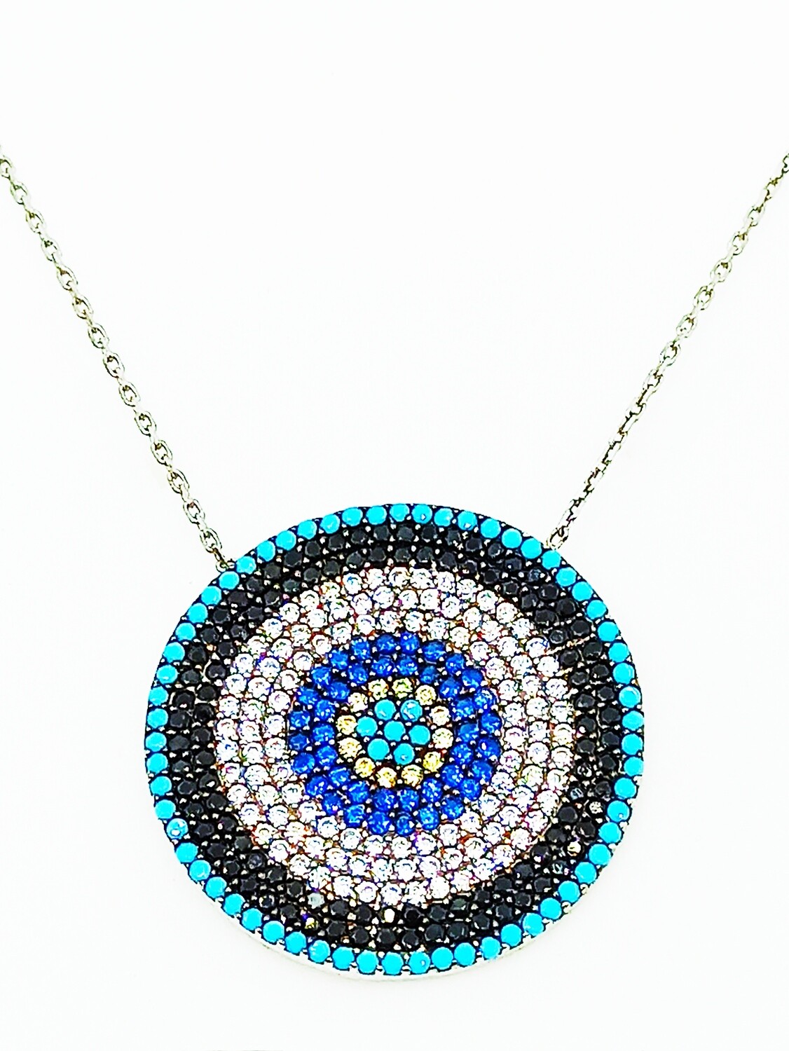 Silver 925 evil eye colorful stone necklace, MODEL-COLOR-SIZE-CHAIN LENGTH: 1-White-Pendant Diameter : 2.5cm-Chain Length: 42+3cm Adjustable