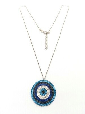 Silver 925 evil eye colorful stone necklace, MODEL-COLOR-SIZE-CHAIN LENGTH: 1-White-Pendant Diameter : 3cm-Chain Length: 42+3cm Adjustable
